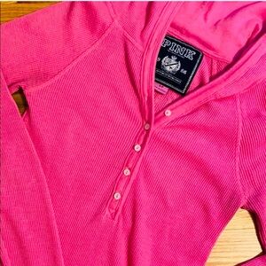 PINK Victoria's Secret bubble gum Pink Button-Up Hooded waffle knit top.